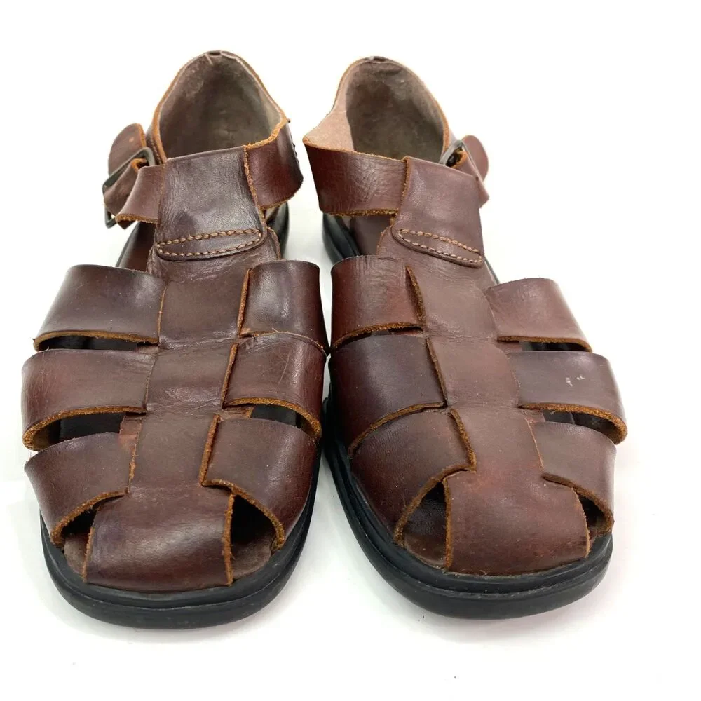 Vintage Y2K Brown Leather Wide Straps Hierarchies Sandals Size 8 Brazil Boho